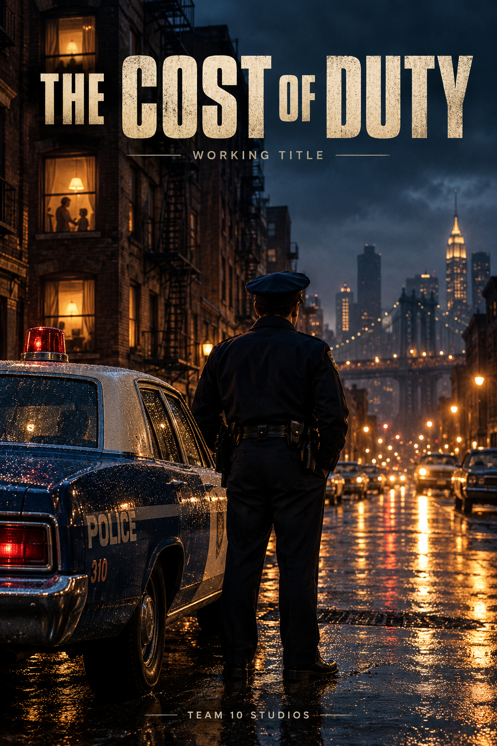 The Cost of Duty working-title poster: a police officer on a 1970s New York street