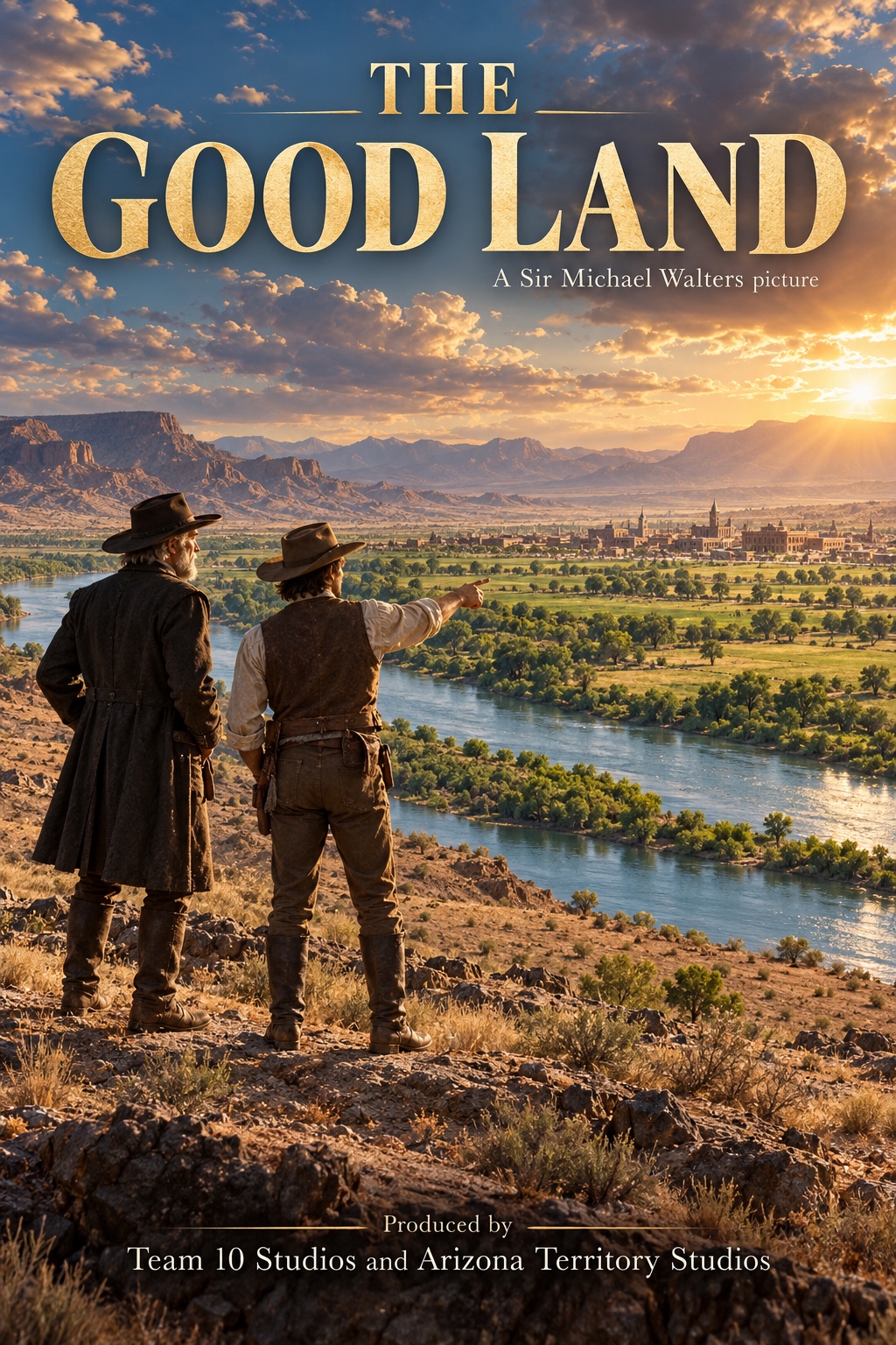 The Good Land poster: two Western herders overlooking the Colorado River and a green valley